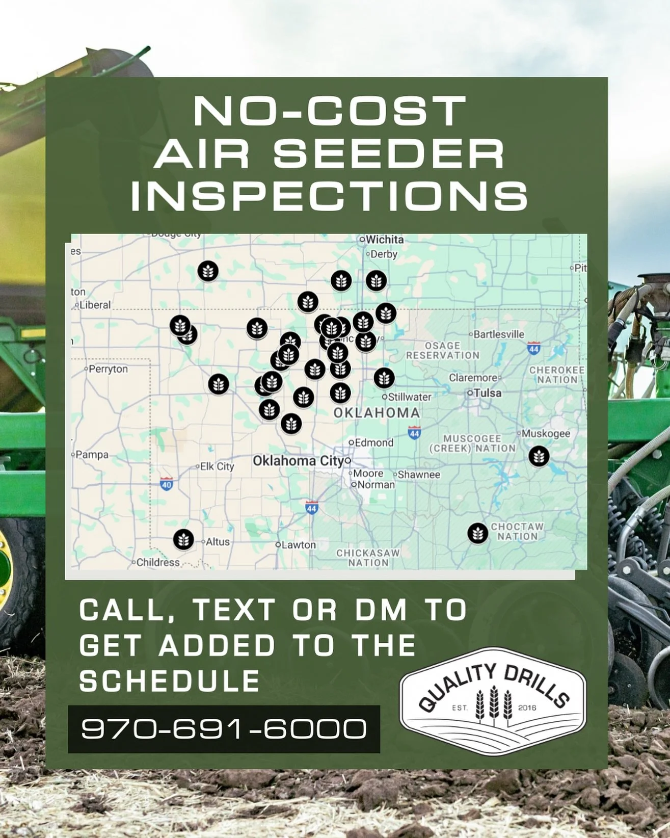 Current inspection stops: O K L A H O M A 🌱 

If you&rsquo;re interested in a free inspection of your John Deere 50/60/90/Pro-Series #airseeder or #boxdrill here&rsquo;s your chance.

➡️ Stefan and Devin will be completing inspections throughout the