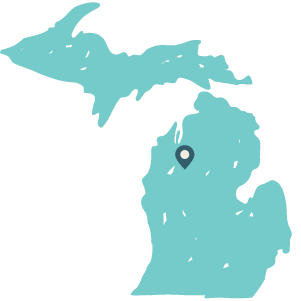 Map of Michigan highlighting the location of North Arrow ABA's Cadillac center.