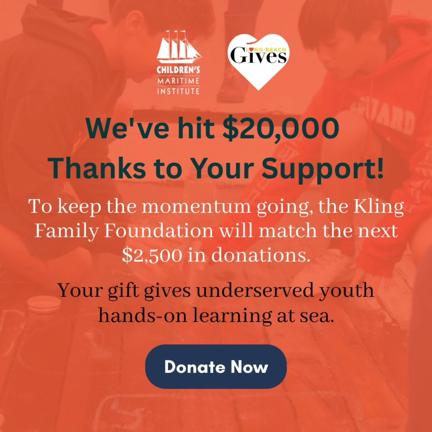 ⚓ We’ve hit $20,000 and we couldn’t have done it without YOU, our amazing crew! 🌊
The Kling Family Foundation is keeping our sails full by matching the next $2,500 in donations.
Every dollar helps underserved youth climb aboard for hand