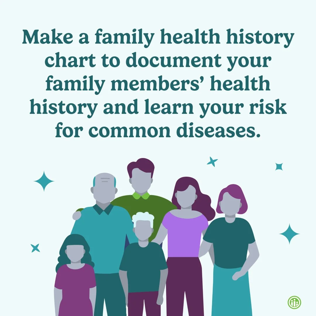 If a family member has had heart disease or another common health condition, there&rsquo;s a chance that this increases your personal health risk. Ask your family members more about their health history and that of other family members and document i
