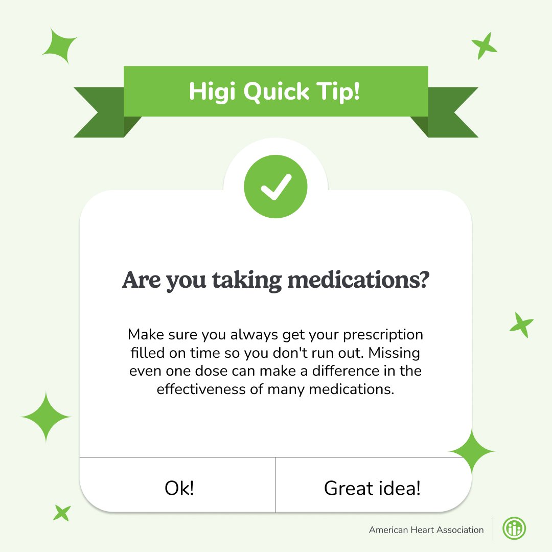 Don&rsquo;t fall behind on your medication plan! Make sure you pick up your medications before you run out. For more tips on managing your medications, visit the Higi Station and join Health Guide.