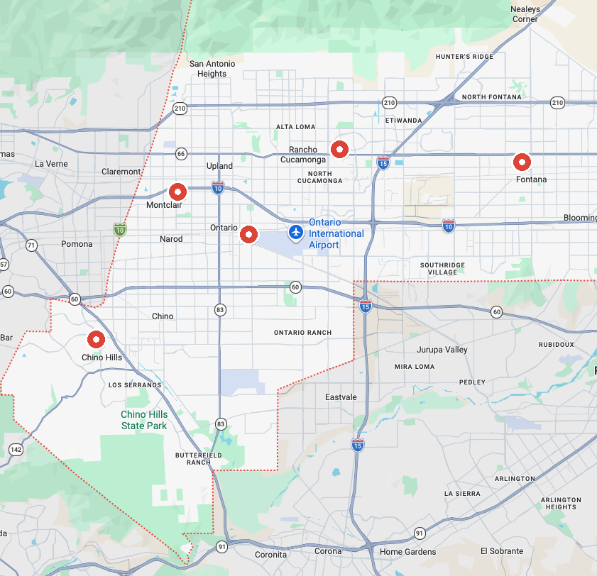 Map of San Bernardino County service area showing Chino Hills, Montclair, Ontario, Rancho Cucamonga, and Fontana, served by Wessel Mechanical pump and mechanical repair