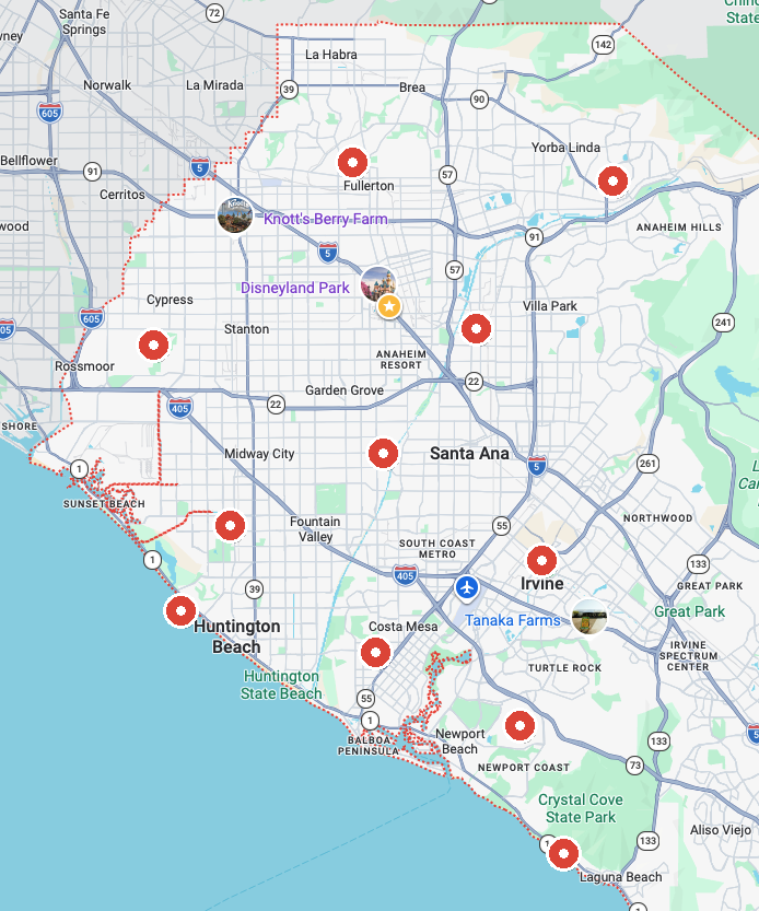 Map of Orange County service area showing Irvine, Santa Ana, Anaheim, Huntington Beach, Newport Beach, and other cities served by Wessel Mechanical pump and mechanical repair
