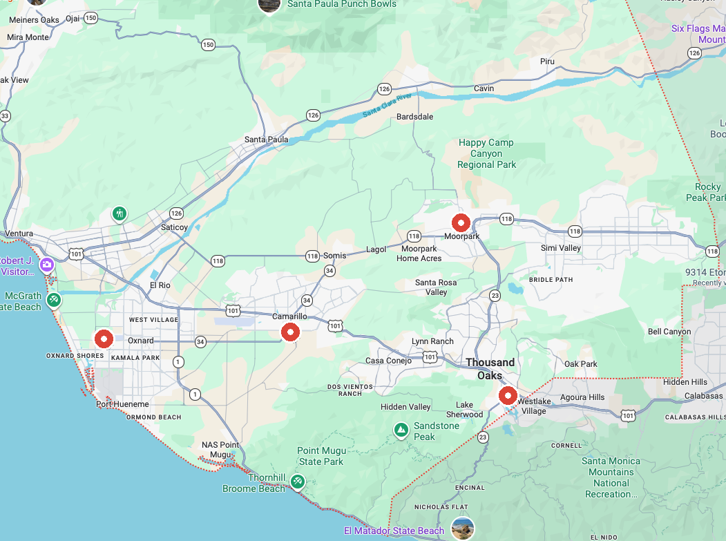 Map of Ventura County service area showing Oxnard, Thousand Oaks, Moorpark, and Camarillo, served by Wessel Mechanical pump and mechanical repair