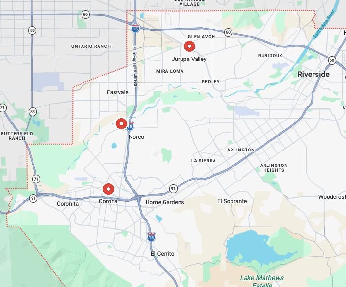 Map of Riverside County service area showing Corona, Norco, and Jurupa Valley, served by Wessel Mechanical pump and mechanical repair
