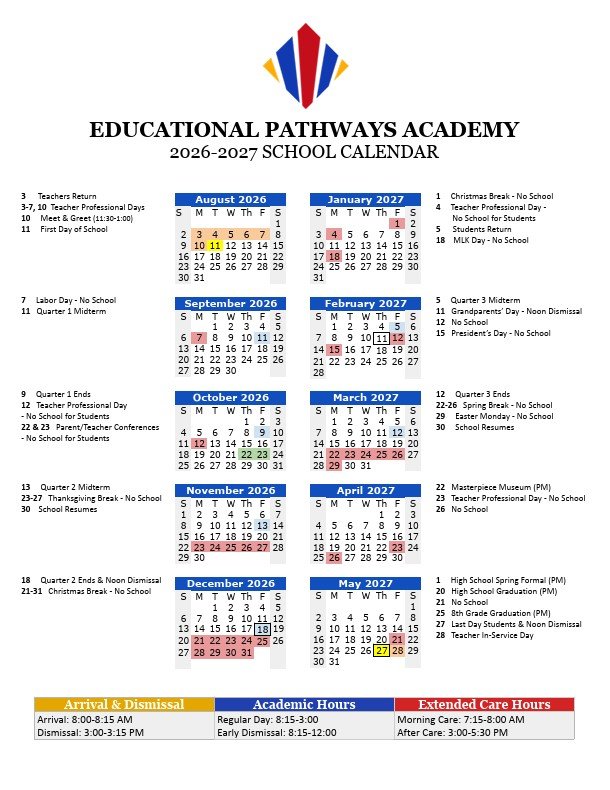 2026-2027 Educational Pathways Academy, Academic Calendar