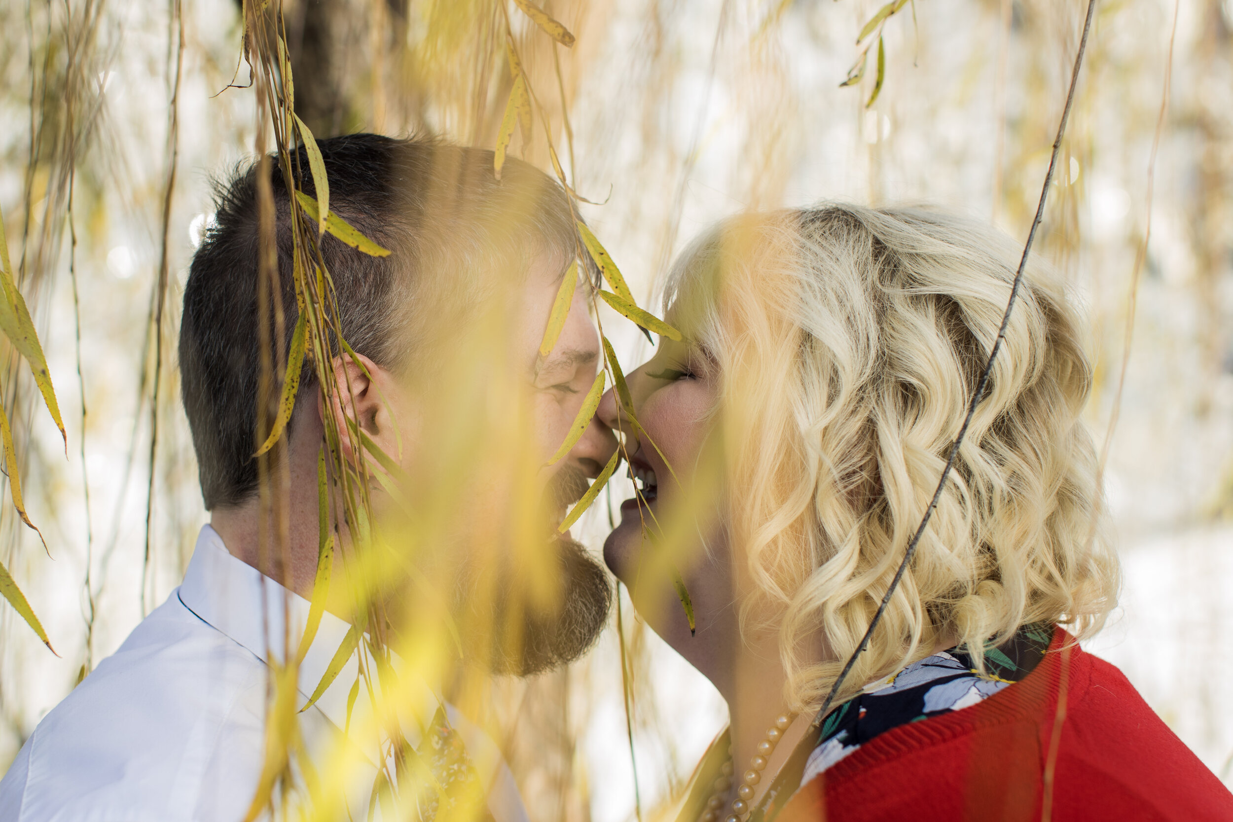 A man and a woman face each other close in a forested area, touching noses, surrounded by hanging yellow leaves, creating an intimate moment.