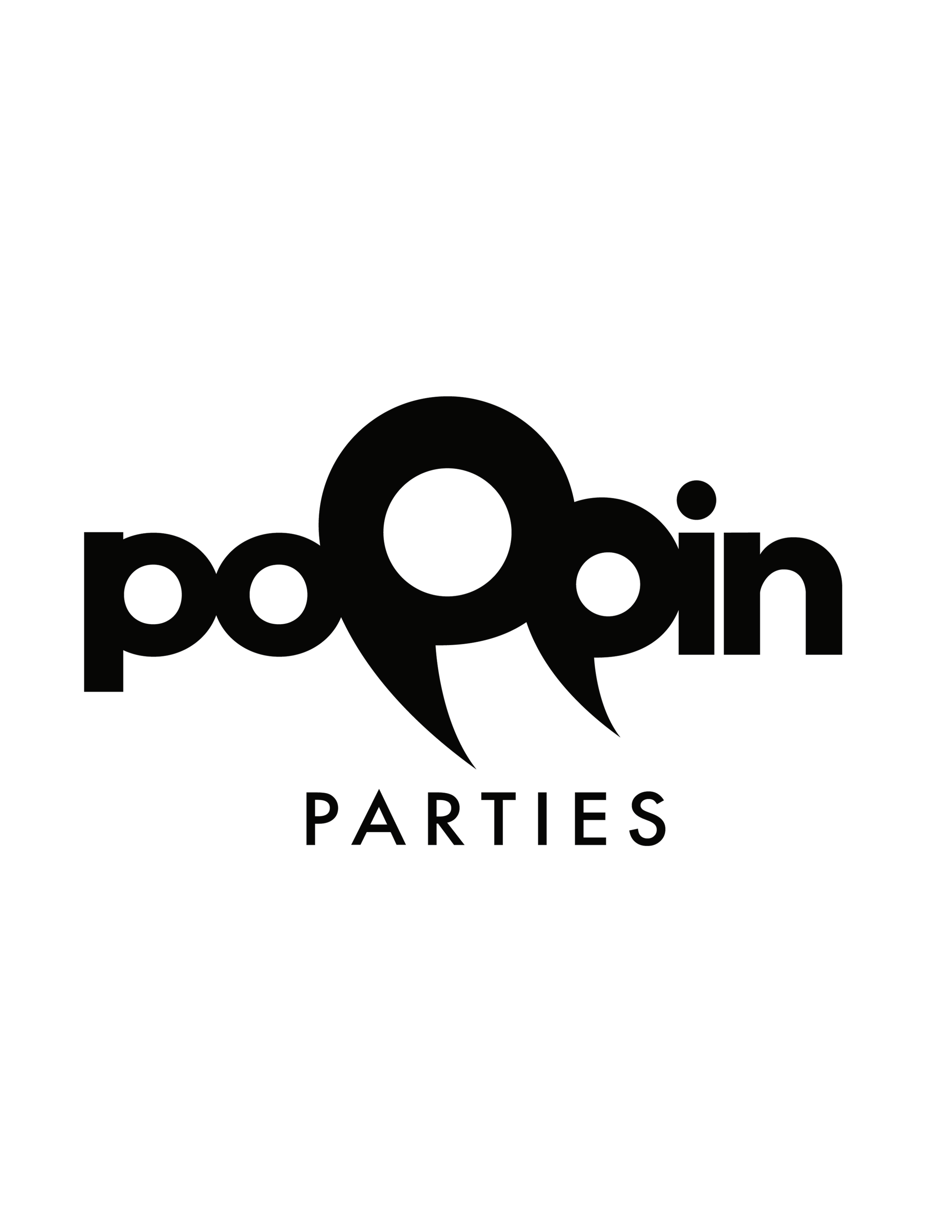 Black logo for Poppin Parties with a stylized party hat and balloons