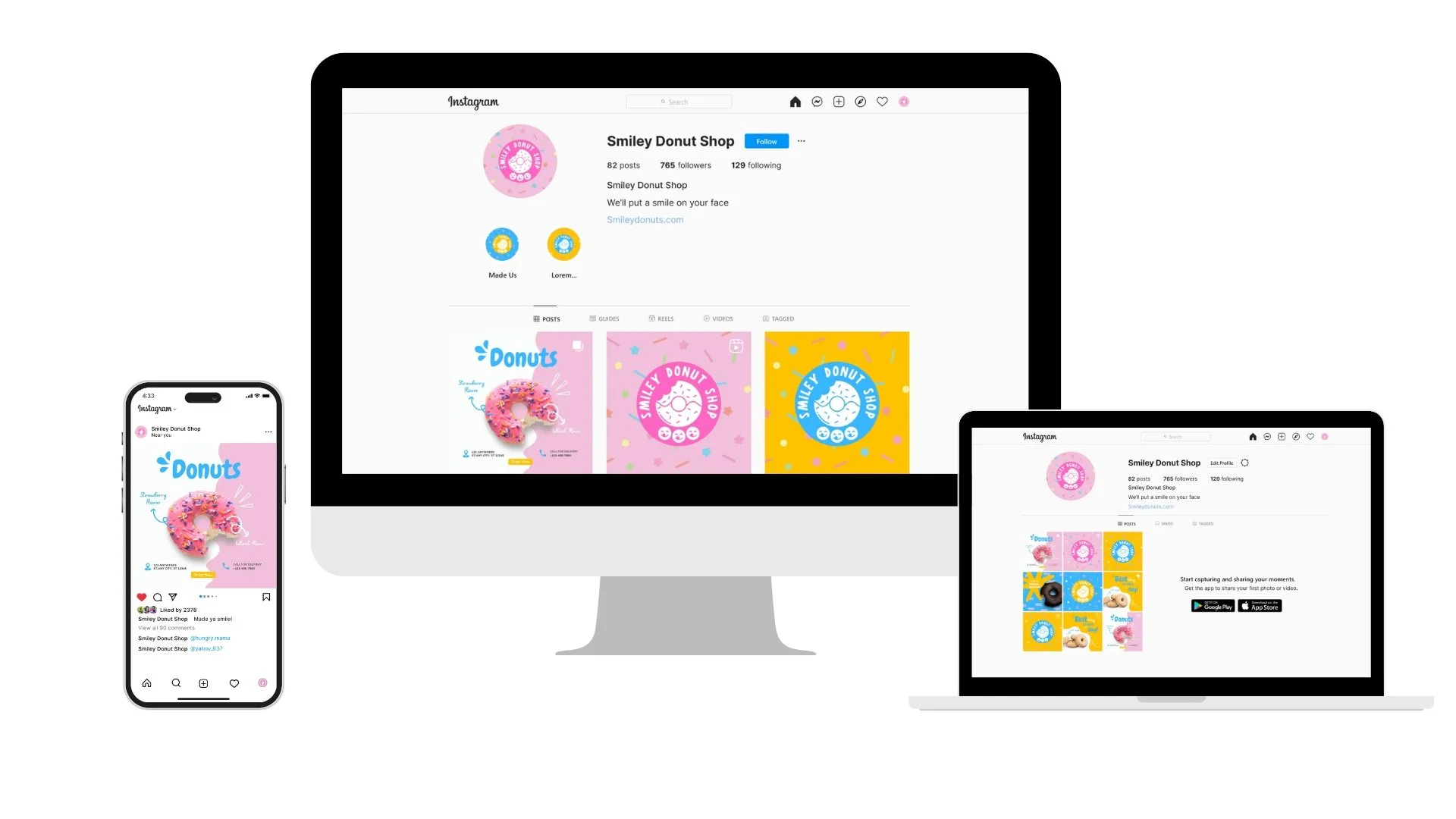 A digital illustration displaying an Instagram profile page for Smiley Donut Shop on multiple devices including a desktop, a tablet, and a smartphone. The profile is pink-themed and showcases donut-related content.