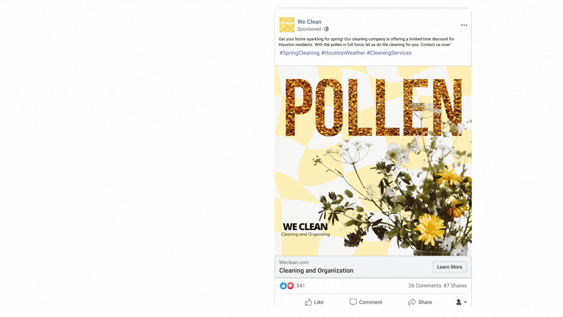Facebook advertisement for a cleaning service called WE CLEAN, featuring the word 'POLLEN' made of pollen grains, and a bouquet of yellow and white flowers.
