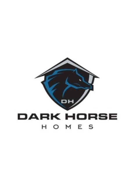 Logo for Dark Horse Homes featuring a stylized dark horse head wearing a graduation cap with the initials DH, and the text Dark Horse Homes.