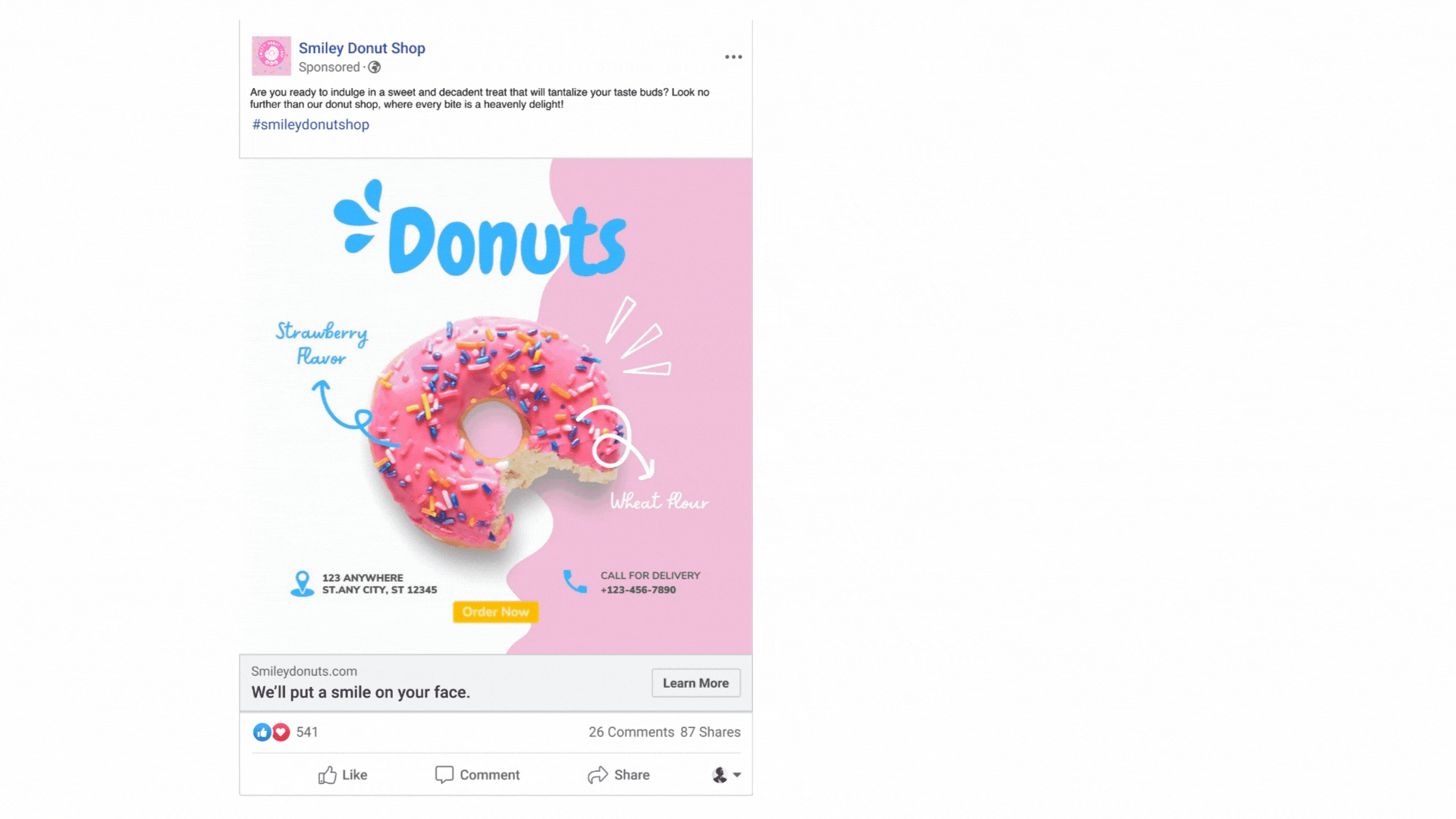 Social media ad for Smiley Donut Shop featuring a pink frosted donut with colorful sprinkles and a bite taken out of it, with text highlighting strawberry flavor and wheat flour ingredients, along with contact information and an order button.