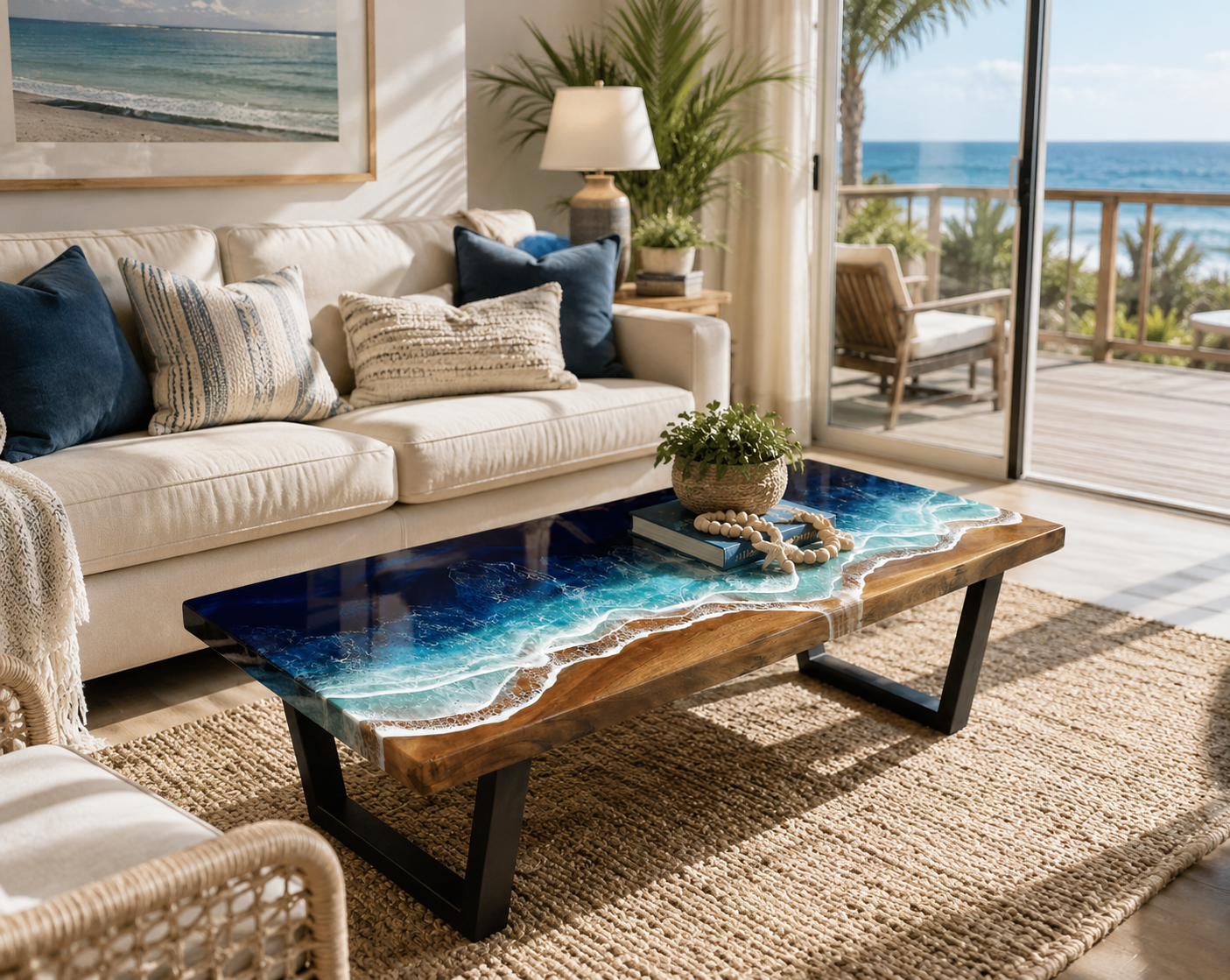 Live Edge Coffee Table with Epoxy Resin Waves, Acacia Wood Ocean Table