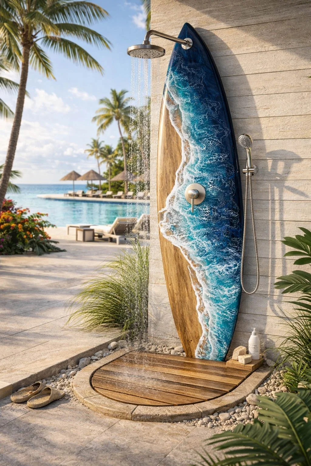  This beautiful 6 foot surfboard is made out of solid wood that is stained in a light brown color. It measures 72" tall, 19” wide and 3/4" thick.  It includes multiple layers of epoxy resin waves in shades of mint, aqua or shades of blue. It comes re