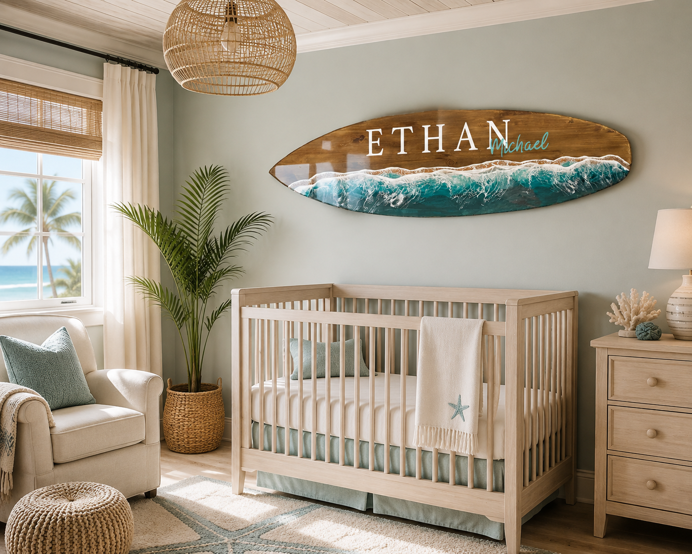 Custom Surfboard for nursery , green and aqua waves