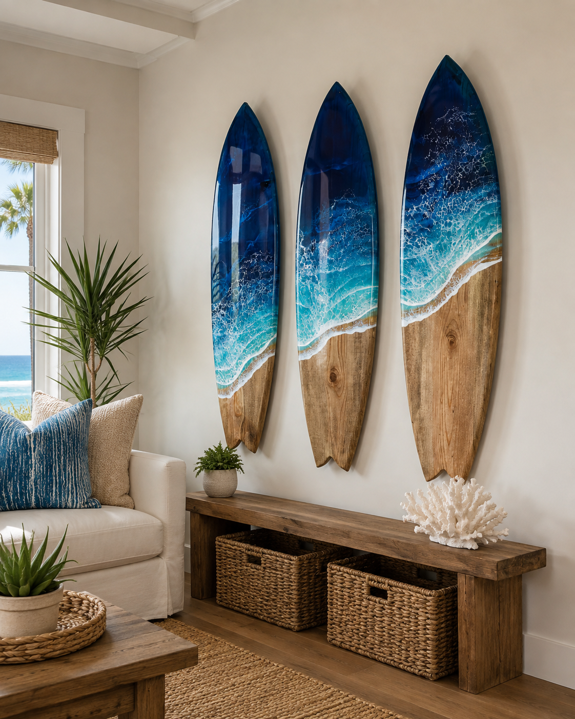 Set of 3 Ocean Surfboards with epoxy resin waves