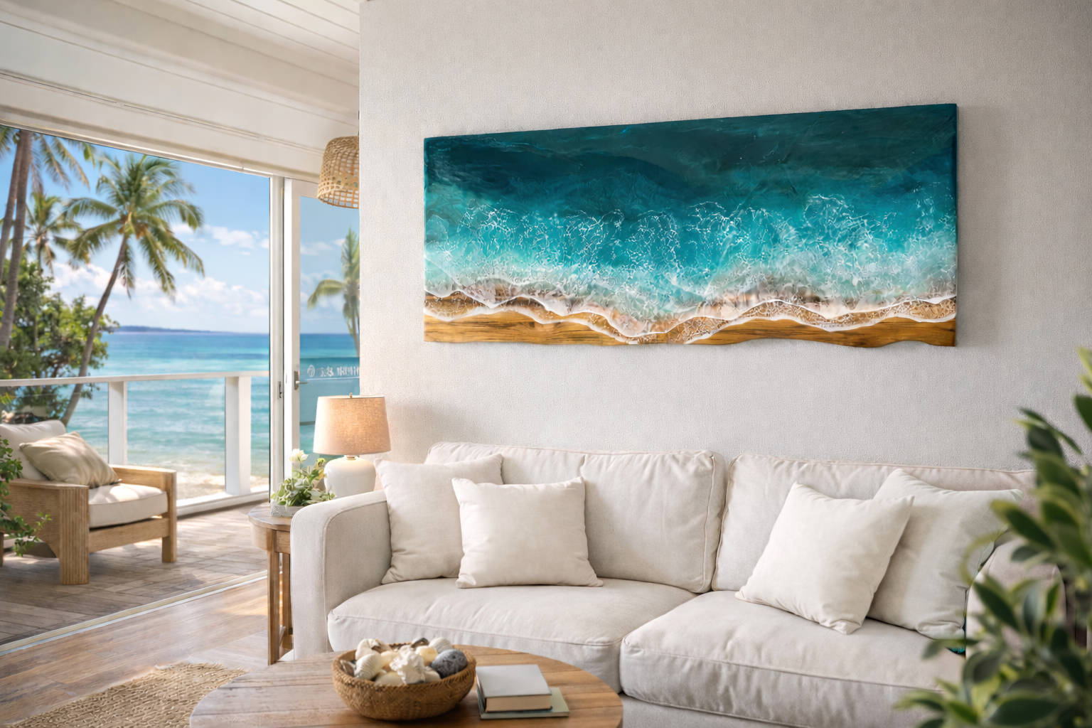 Live Edge Teak Wall Art with resin waves