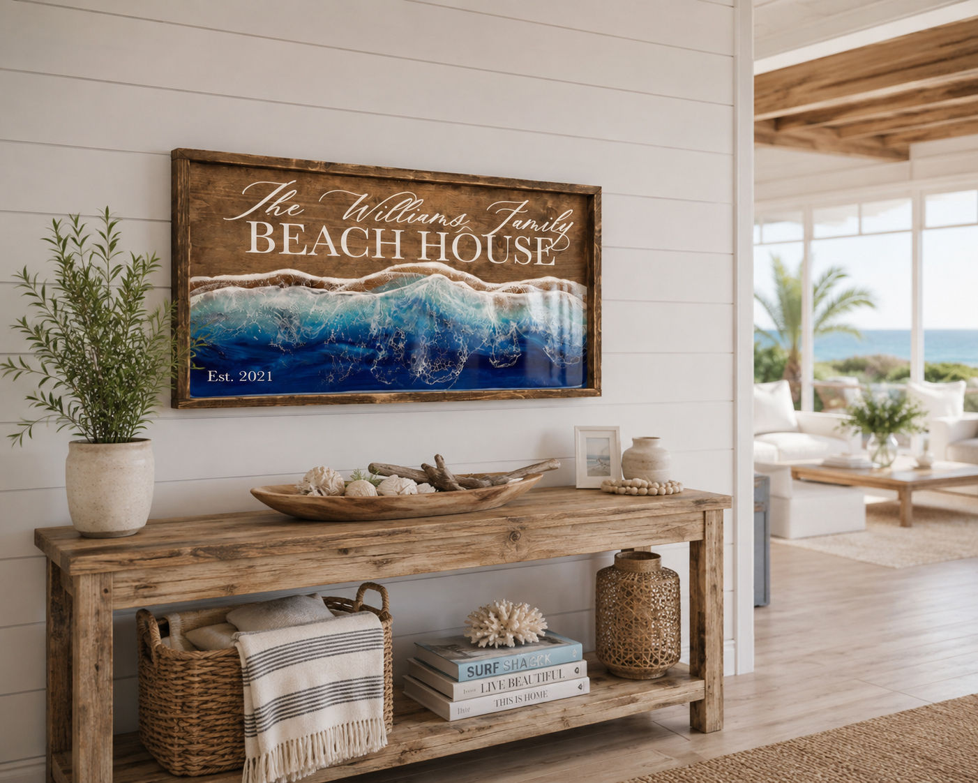 Custom Beach House sign with Epoxy Resin Waves