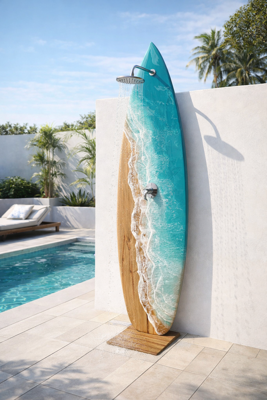  This beautiful 6 foot surfboard is made out of solid wood that is stained in a light brown color. It measures 72" tall, 19” wide and 3/4" thick.  It includes multiple layers of epoxy resin waves in shades of mint, aqua or shades of blue. It comes re