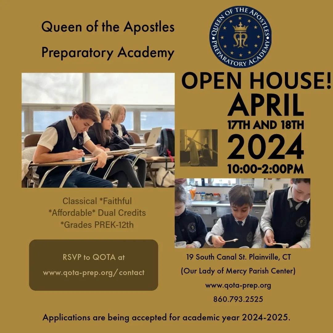 QOTA OPEN HOUSES Today and Tomorrow 
APRIL 17TH AND 18th
10:00-2:00pm

If you have been wanting to transfer your child to a faith filled, Classical education,  now is the time. $1000 scholarships are available for Middle Schoolers or High Schoolers w