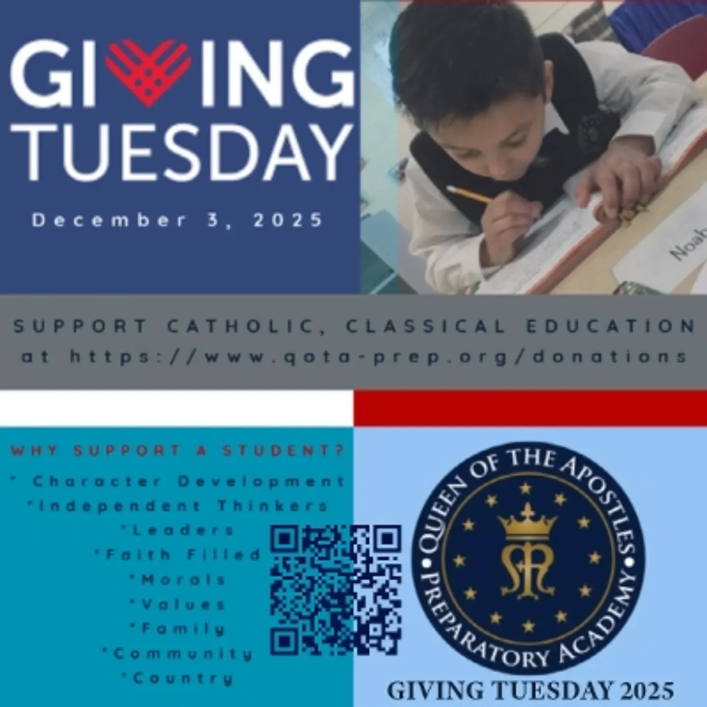 WHY Support A Queen of the Apostles Preparatory Academy Student?
*Critical Thinkers
*Future Leaders
*Faith
*Morals
*Values
*Family
*Community
*Country

Thank you for your generosity. 
Tax donation receipts sent immediately 

#Catholic , #Classical, #