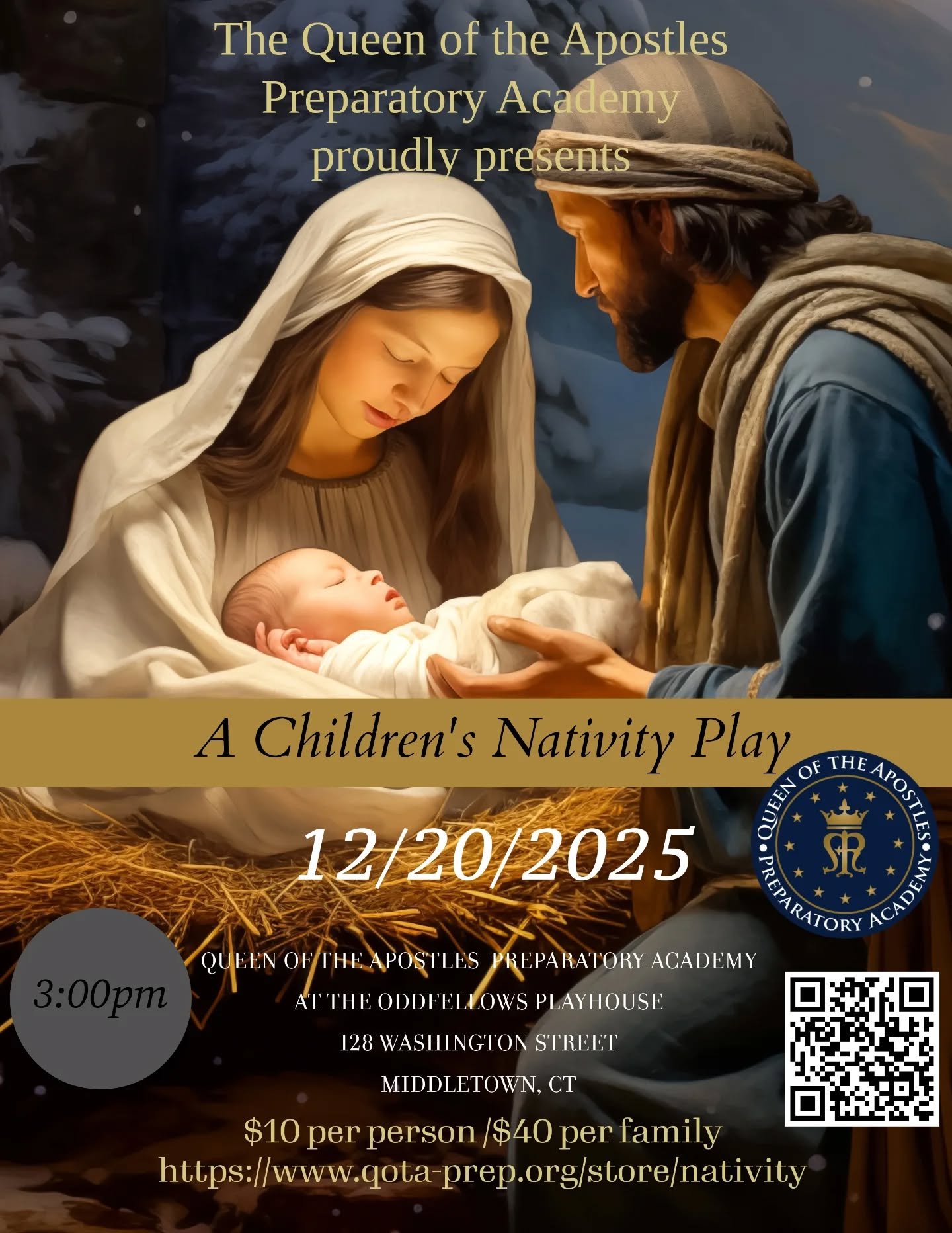 Come enjoy the true meaning of Christmas and be filled with the joy of the Christmas season.
May God bless you and your families as we prepare for the birth of Christ from the students and staff of The Queen of the Apostles Preparatory Academy.

Www.