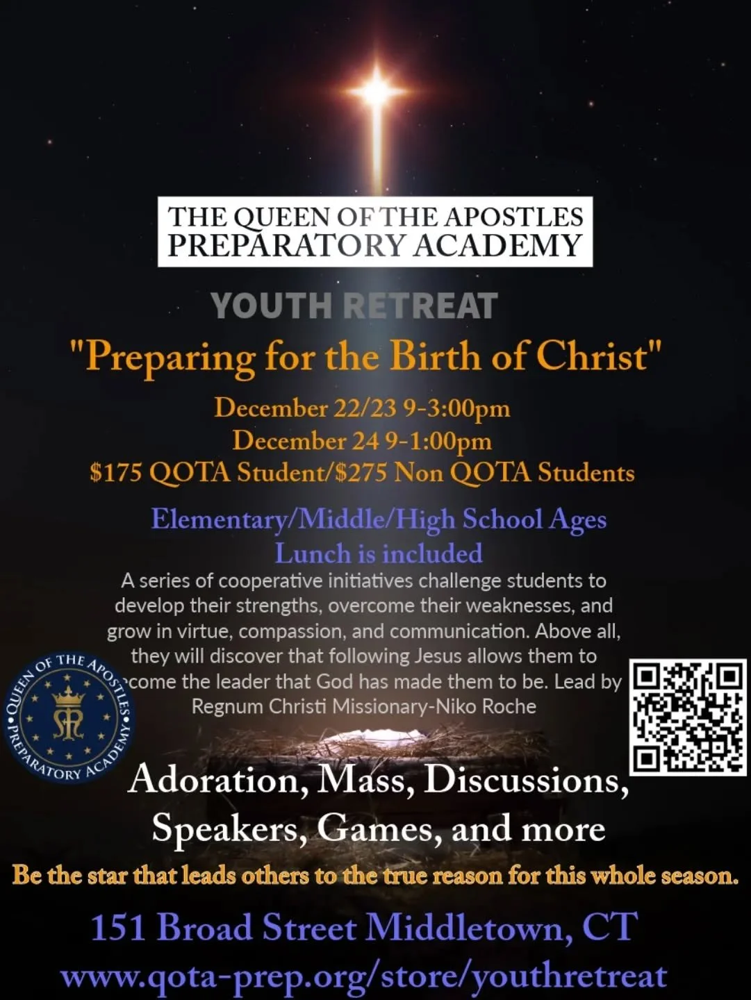 Students will prepare for the birth of Christ by coming together in the community through prayer and adoration days before Christmas.

#youth,#retreat, #prepare, #christmastime