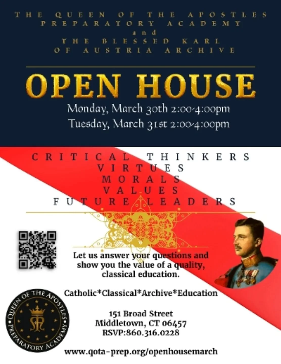 The Queen of the Apostles Preparatory Academy is
 here to inspire the youth of our communities with a Catholic, classical education where they will recognize their dignity, become critical thinkers, and live lives of morals and virtue. 

Open Houses
