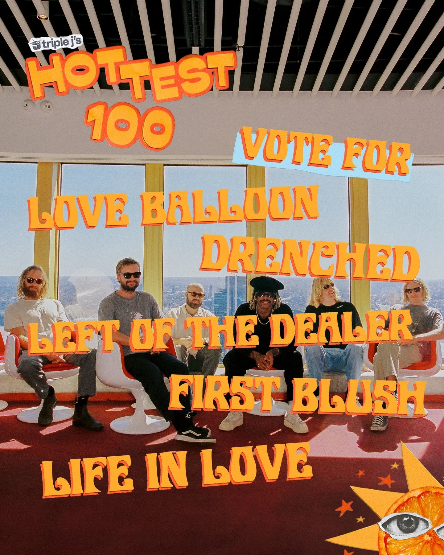 @triple_j hottest 100 voting is now open!!!! This year you can vote for &lsquo;Love Balloon, Drenched, First Blush, Left of the Dealer &amp; Life in Love&rsquo;. We love this time of year ☀️ thanks for listening and connecting with our music 💛🩷💜🧡