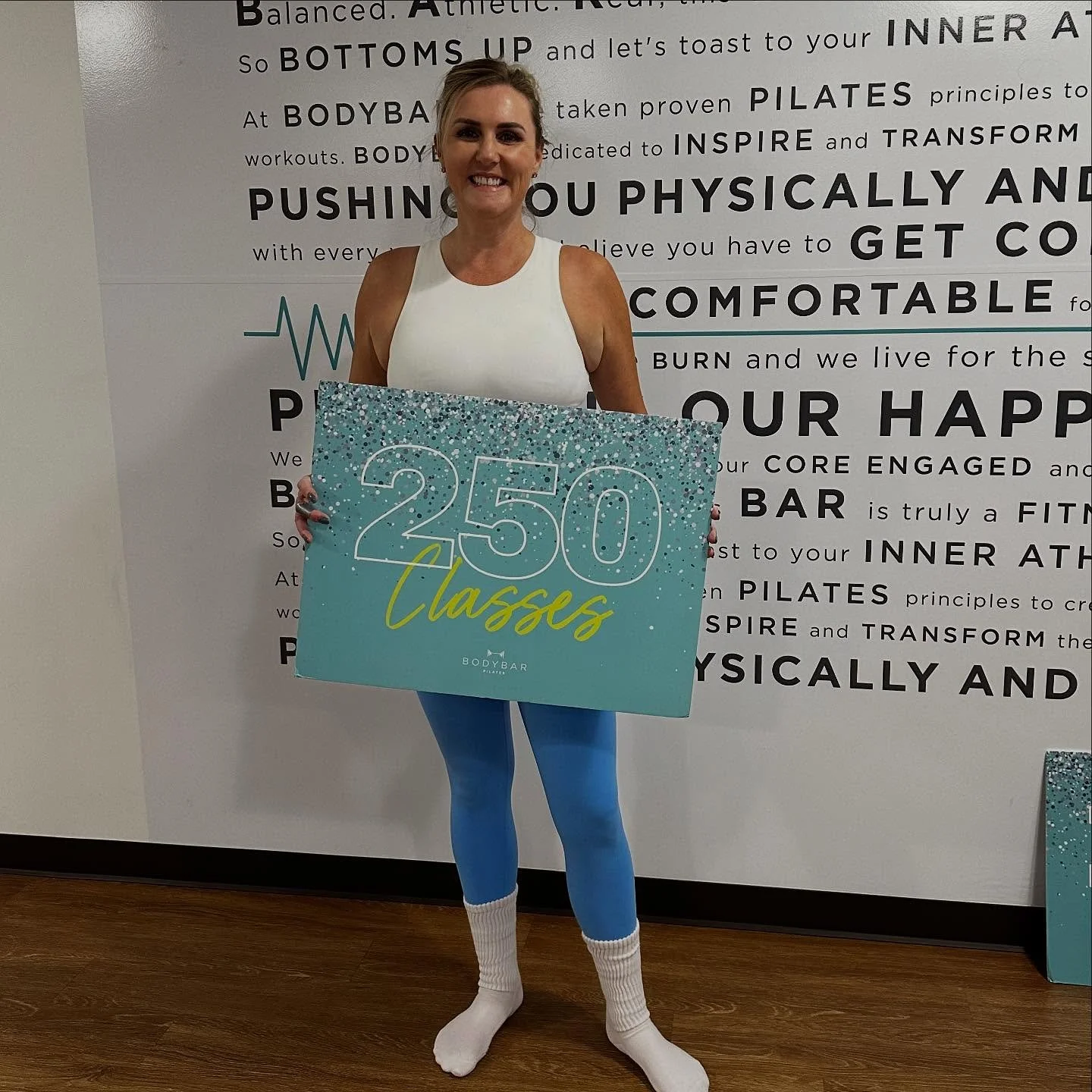 Hit that milestone this morning! 250 classes in and counting! 🩵. Thanks @bodybarelkgrove for making my Pilates journey challenging AND fun!