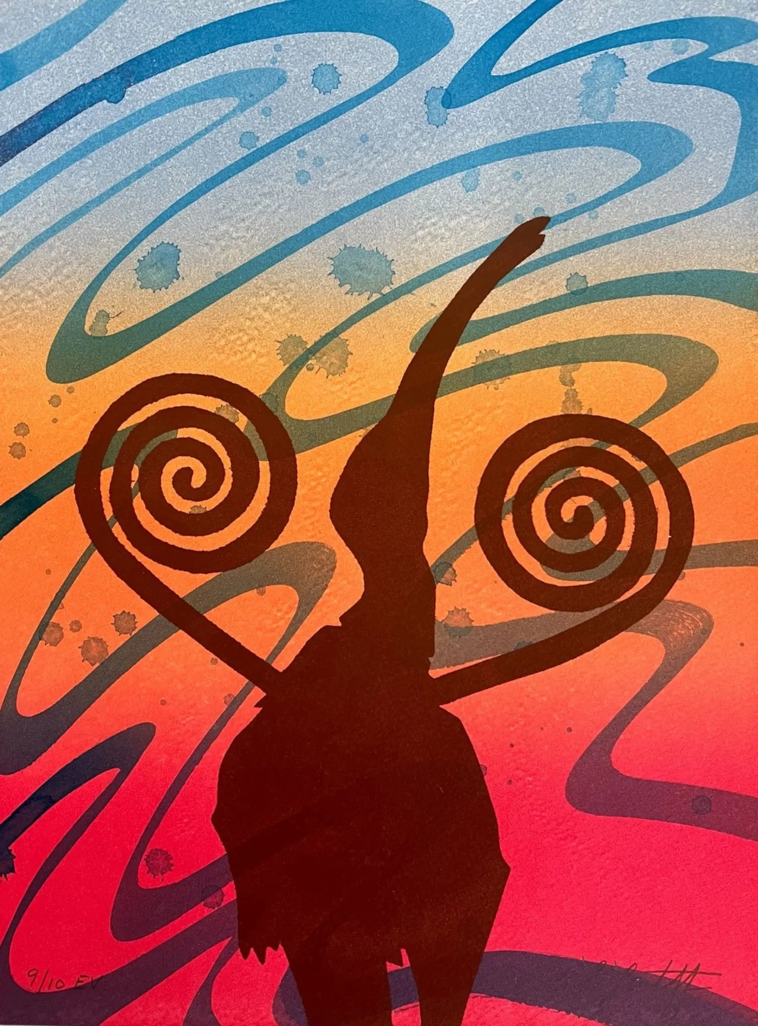 Abstract drawing with colorful, looping lines and spirals on yellow background