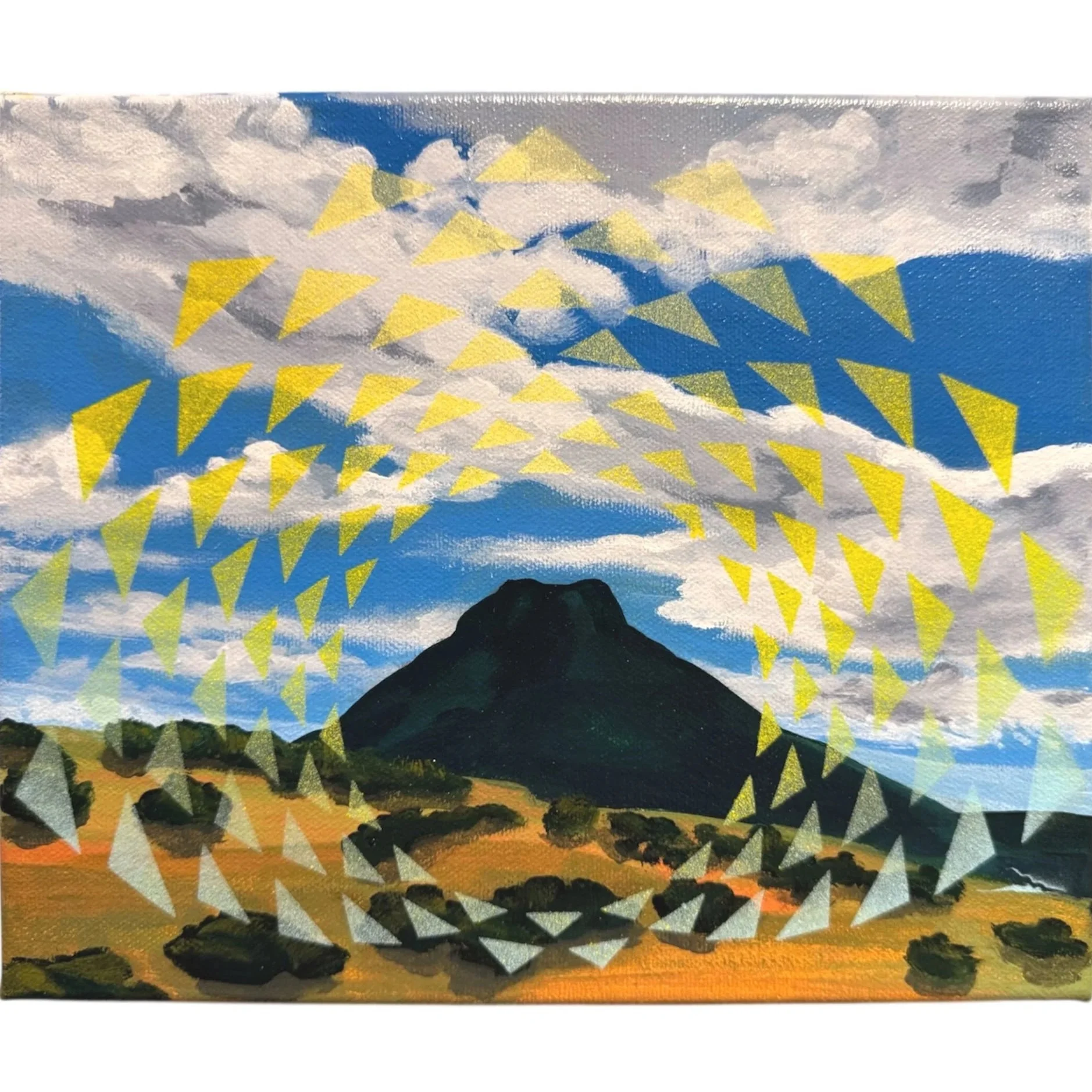 Painting of a sunset or sunrise with clouds and a mountain silhouette, over a grassy field, with a circular line pattern overlay.