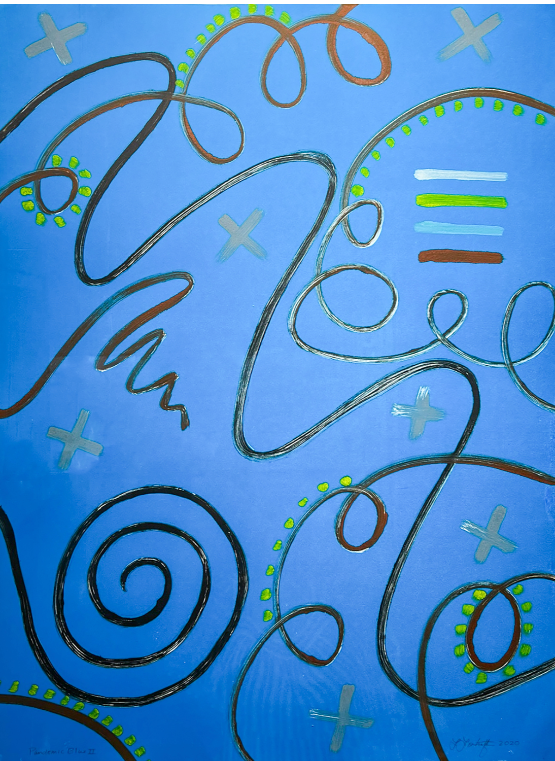 Abstract drawing with colorful, looping lines and spirals on yellow background