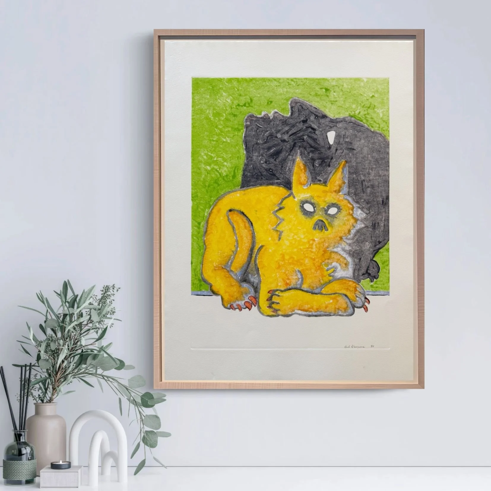 Bob Haozous, Man and Wildcat, Monotype on Paper, Gallery Hozho, Room View .jpg