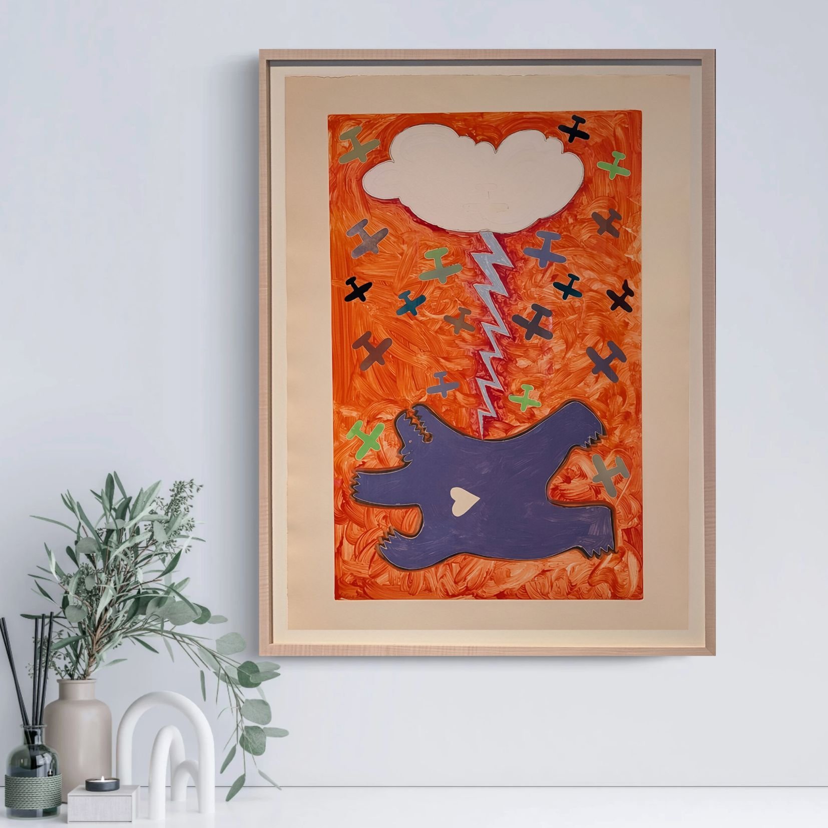 Bob Haozous, Falling Bear, Monotype on Paper, Gallery Hozho, Room View .jpg (Copy)