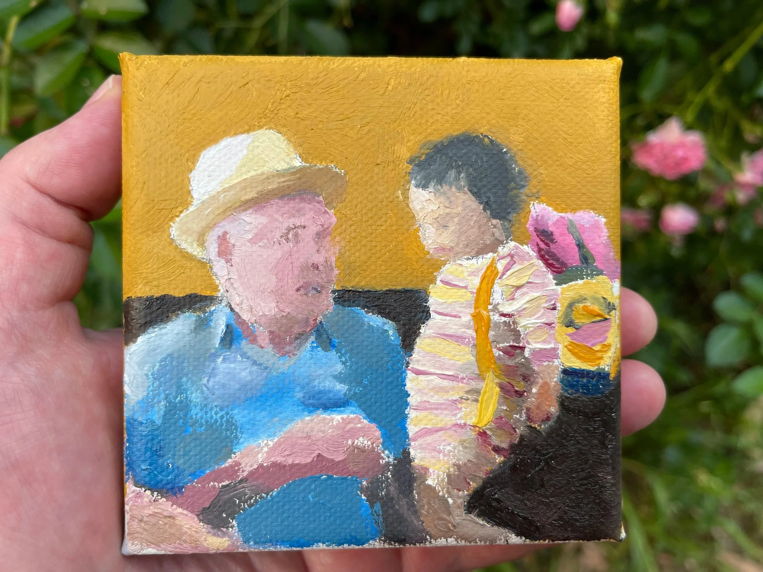 Robert and Cameron (Oil on teeny canvas)