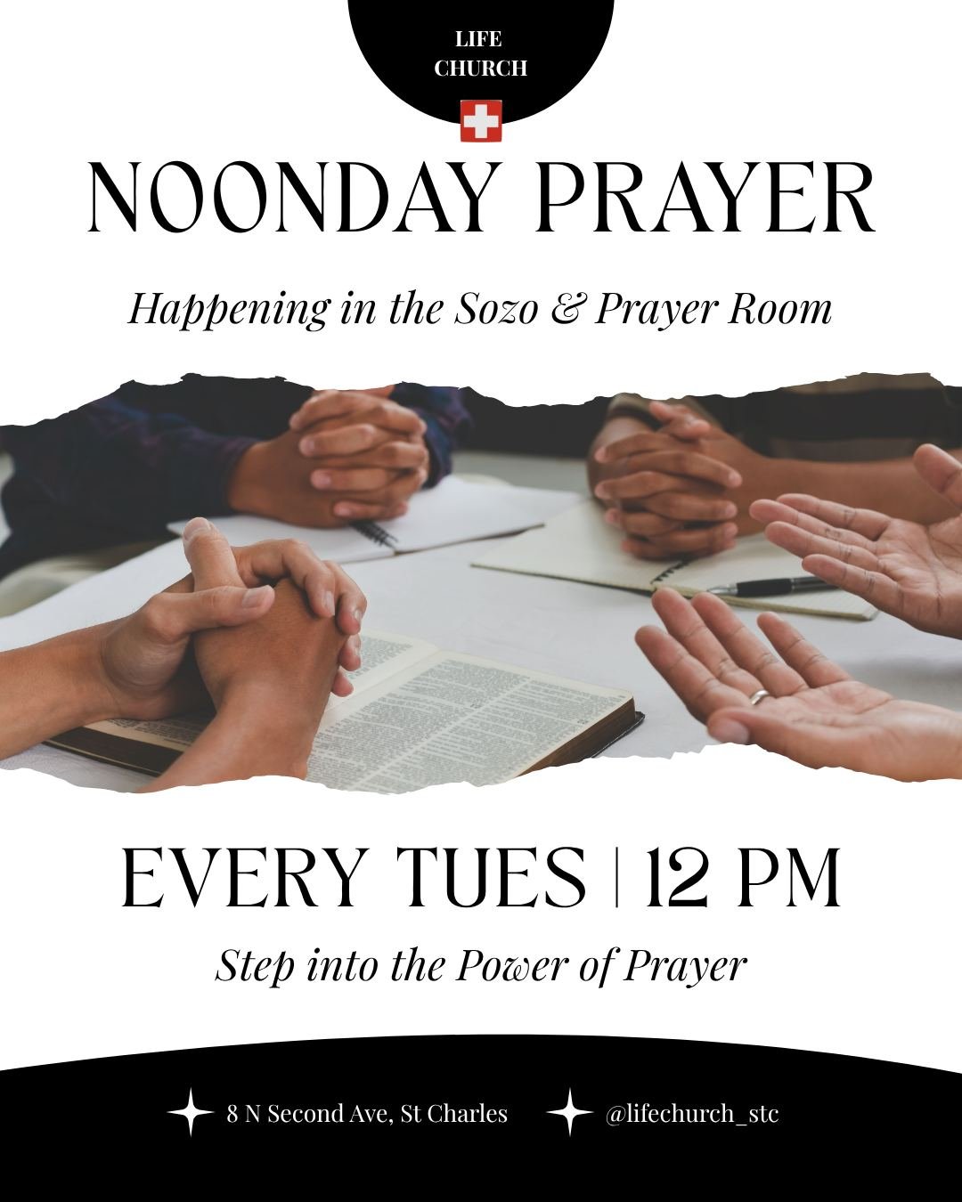 Reminder: Noonday Prayer is today!! Come pray with us every Tuesday at 12pm in the Sozo &amp; Prayer Room on the first floor. Let's come together and intercede to see the Power of Prayer. See you there!