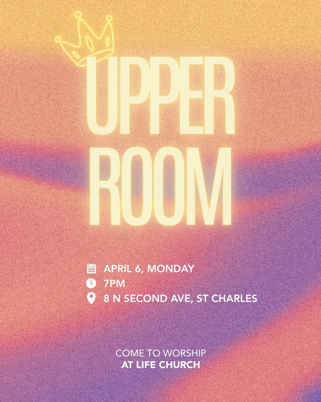 Every first Monday of the month, Life Church St. Charles hosts an Upperroom. Our next Upperroom worship night is Monday, April 6th at 7pm. Enter through the east side parking lot doors. Invite family and friends to come worship along with us in His l