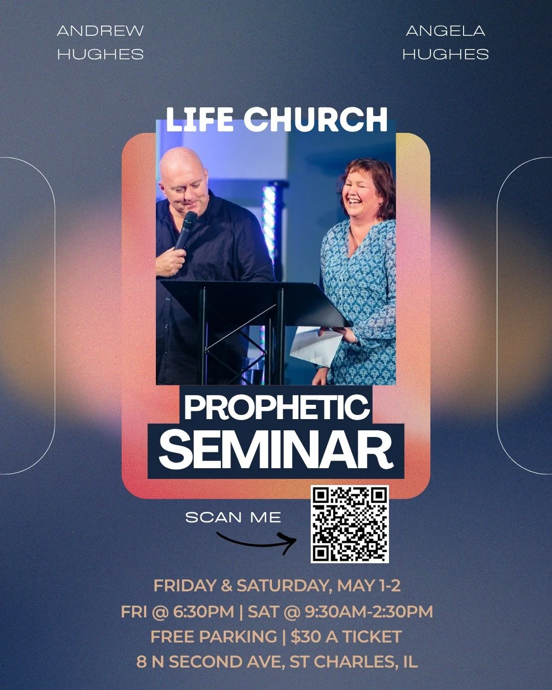 Mark your calendars and grab your tickets!!!! 

Join us for a special weekend next month as we grow in hearing God&rsquo;s voice and strengthening the gift of the prophetic. With guest speakers Andrew &amp; Angela Hughes, this seminar is designed to 