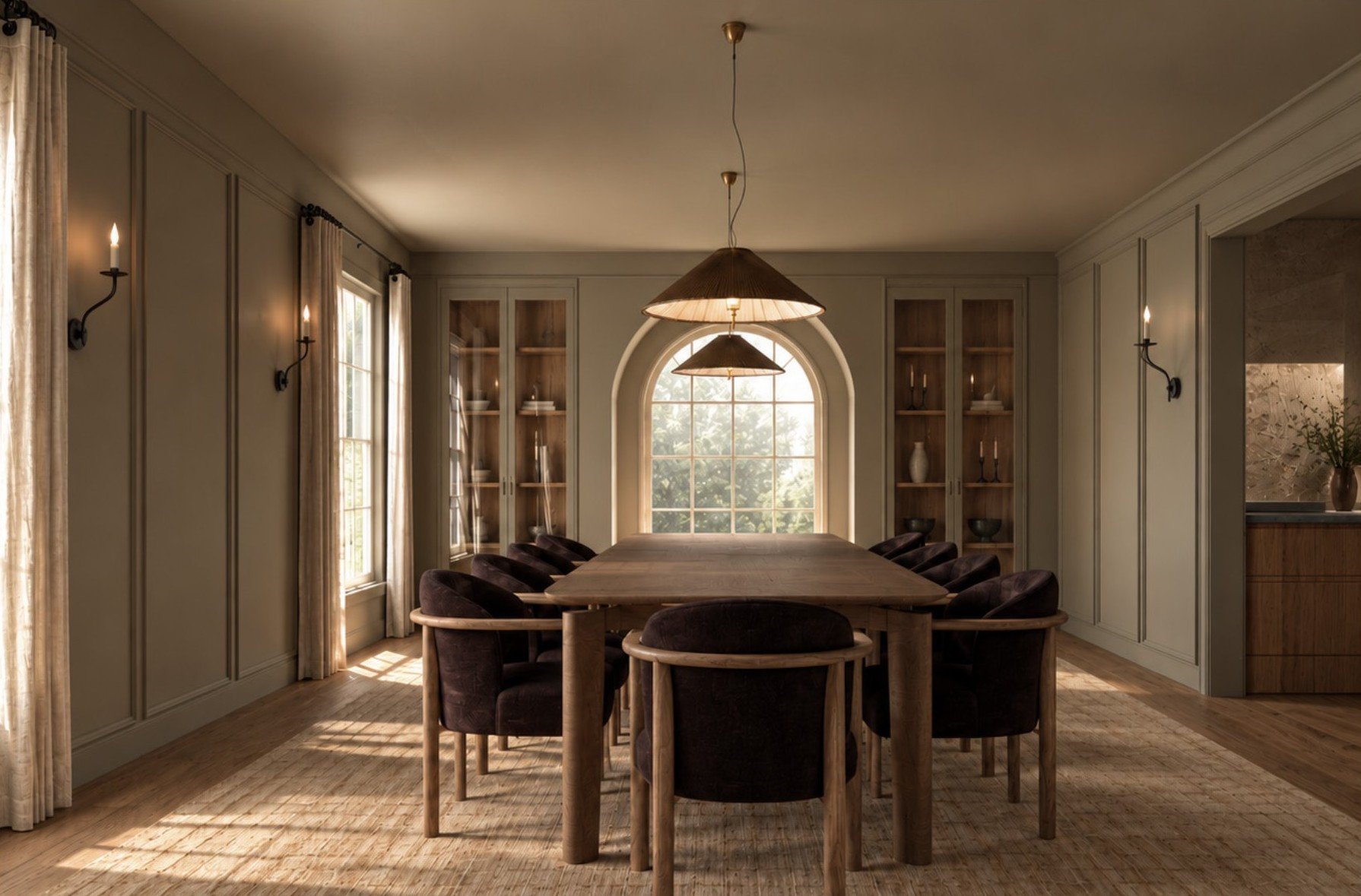 A dining room with a wooden table surrounded by eight black cushioned chairs. There are two built-in glass cupboards with wooden shelves, and a large window at the end with sunlight streaming in. A hanging light fixture is centered above the table, a