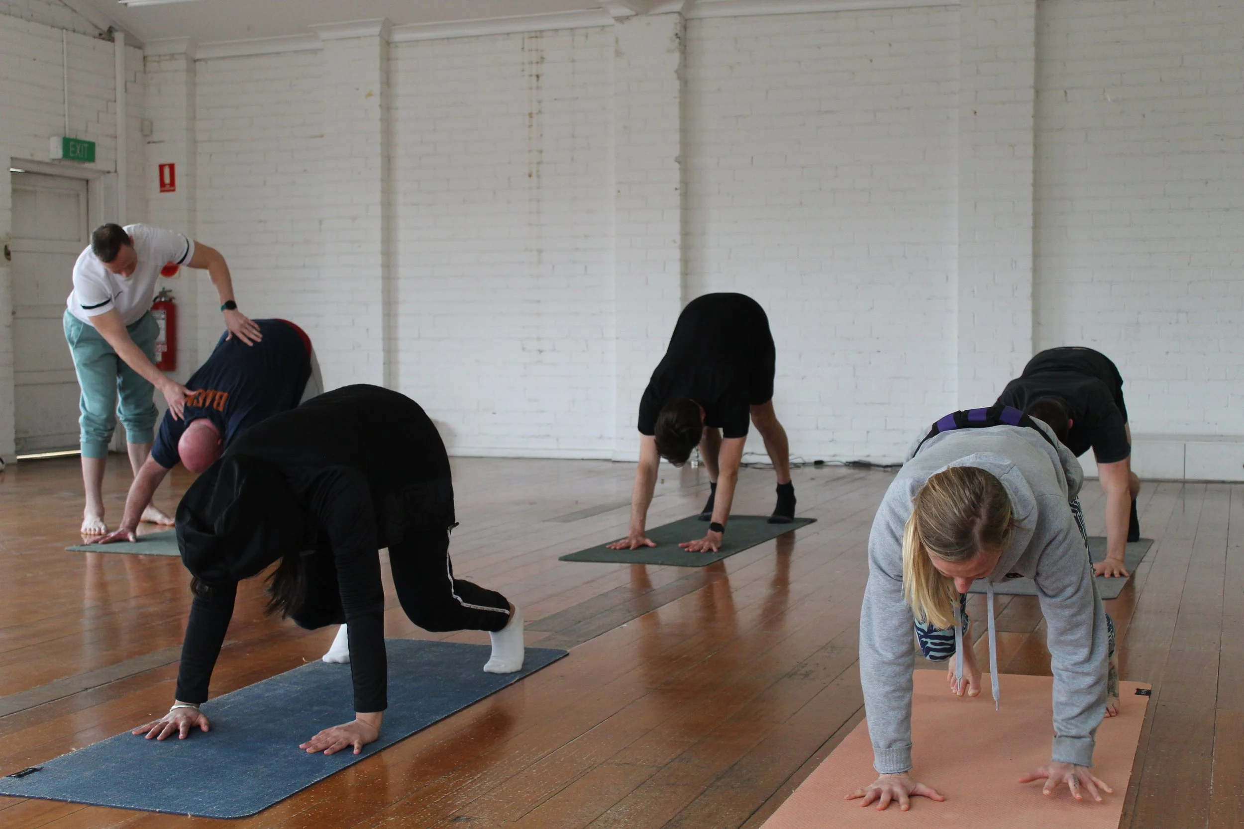 Molly Rose and Sofia Bhatia teaching a Level 1 Dynamic Neuromuscular Stability class in bear pose at Lionheart Integrative Therapies in Collingwood.