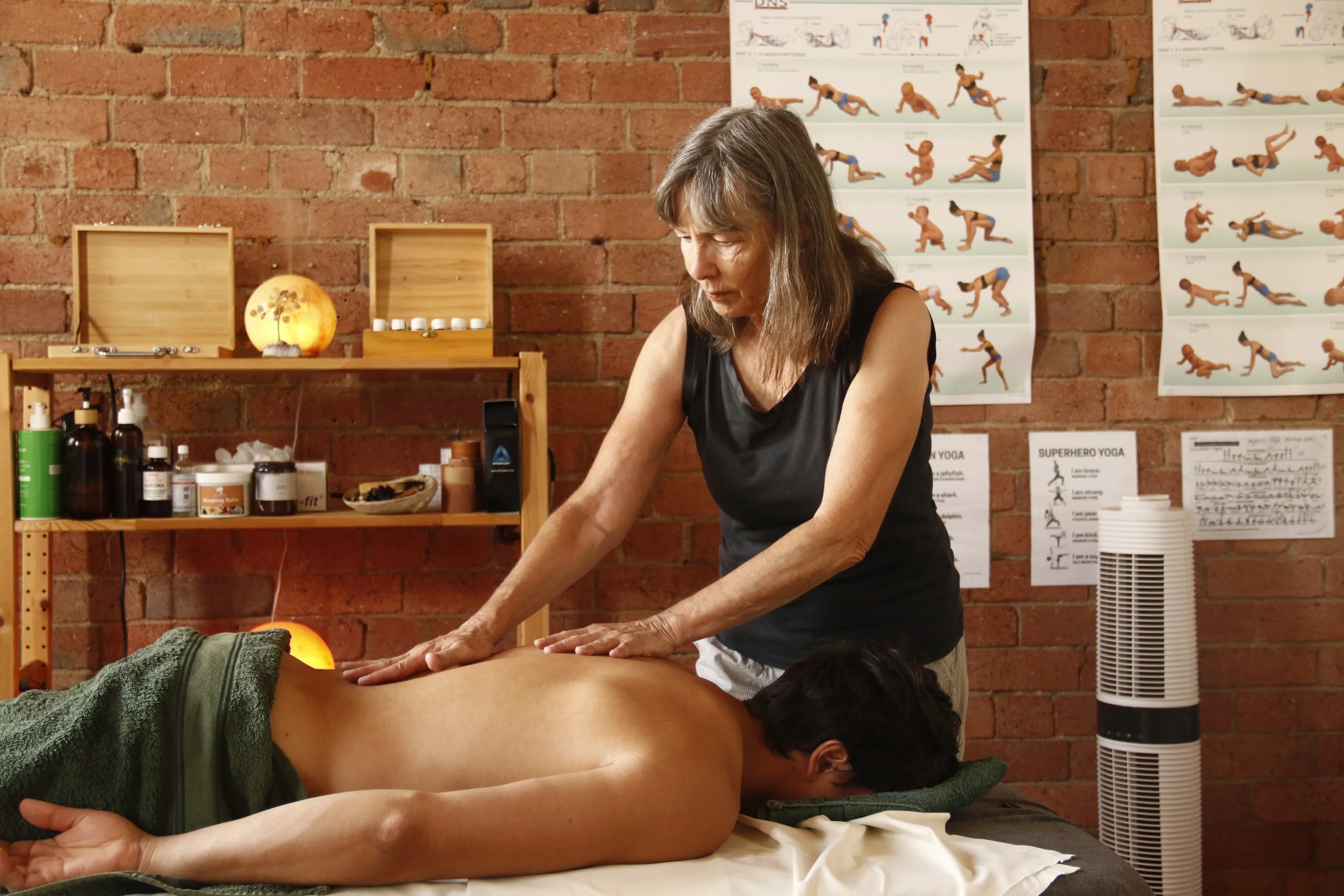 Uschi providing remedial massage and bodywork at Lionheart to reduce tension and support recovery.