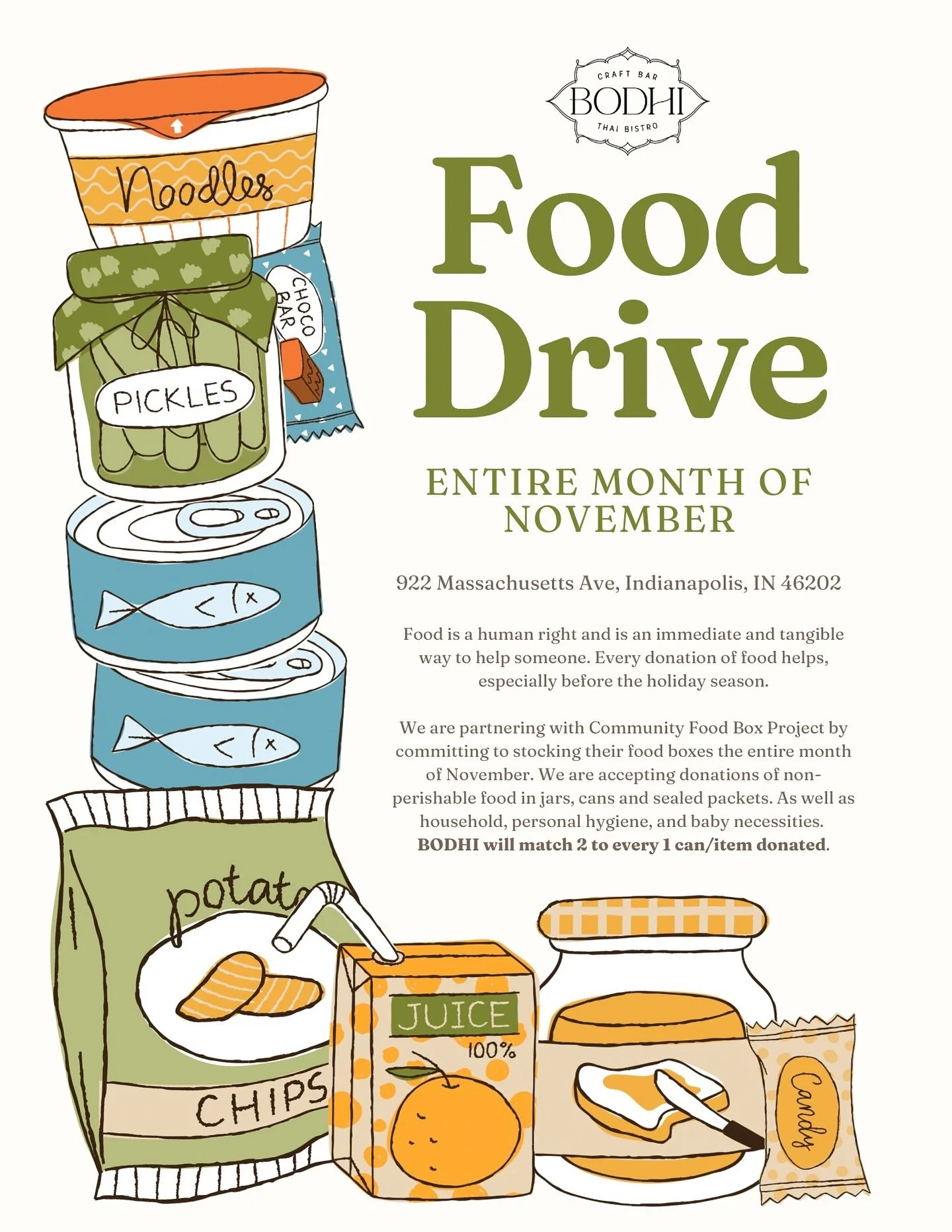 🌾 𝐉𝐨𝐢𝐧 𝐎𝐮𝐫 𝐍𝐨𝐯𝐞𝐦𝐛𝐞𝐫 𝐅𝐨𝐨𝐝 𝐃𝐫𝐢𝐯𝐞!! 🥫✨

As grocery costs rise and benefits stretch thinner, every can and care item counts more than ever 💛 BODHI is partnering with @communityfoodboxproject to help stock their shelves all mont