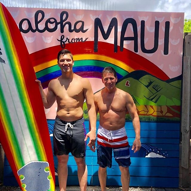 Our surfer models 🏄&zwj;♂️
.
.
.
Father and son (Brandon and Greg) did great in their first surf lesson. Everyone got up on their first wave. They are the first ones to take a picture in front our new mural. Shout to @robstevstudio .
.
Stop by anyti