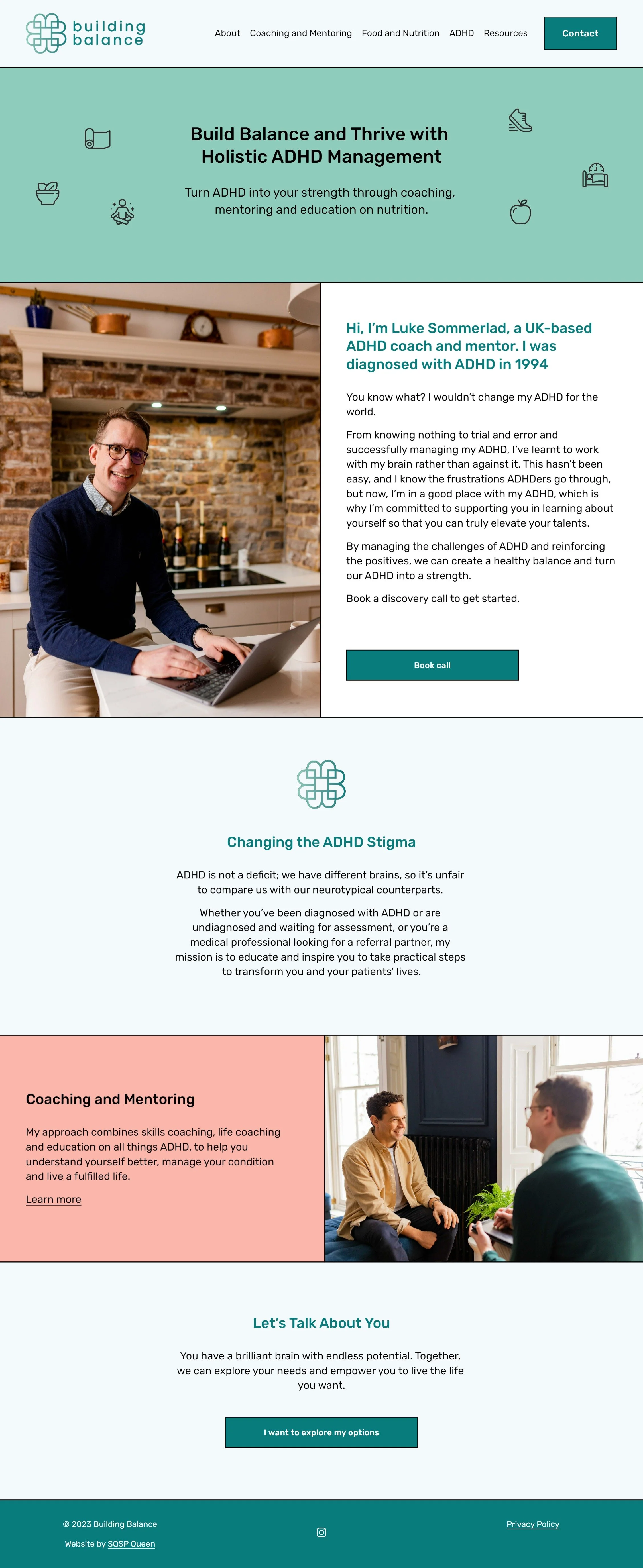 Screenshot of Building Balance website homepage, featuring a navigation menu, a main header about ADHD management coaching, a photo of a smiling man with glasses working on a laptop, and sections about ADHD stigma, coaching, and contact options.