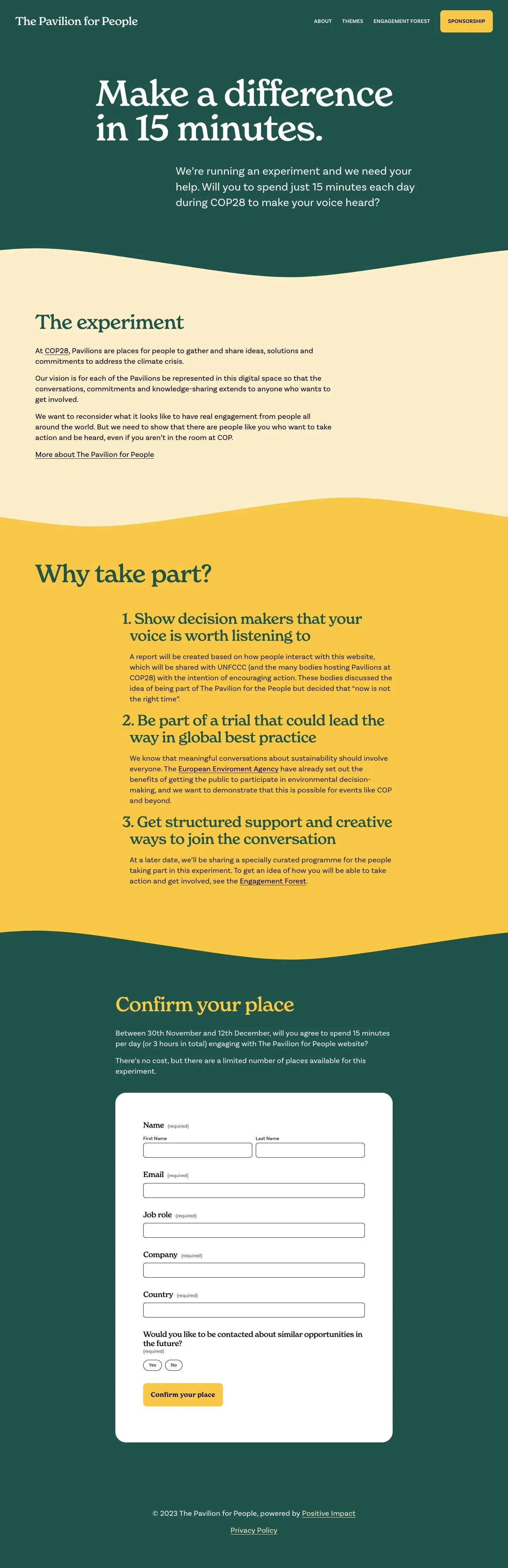 Website page titled 'The Pavilion for People' with sections about making a difference in 15 minutes, the experiment, reasons to participate, and a form to confirm participation, featuring a green header, yellow accents, and a white form area.