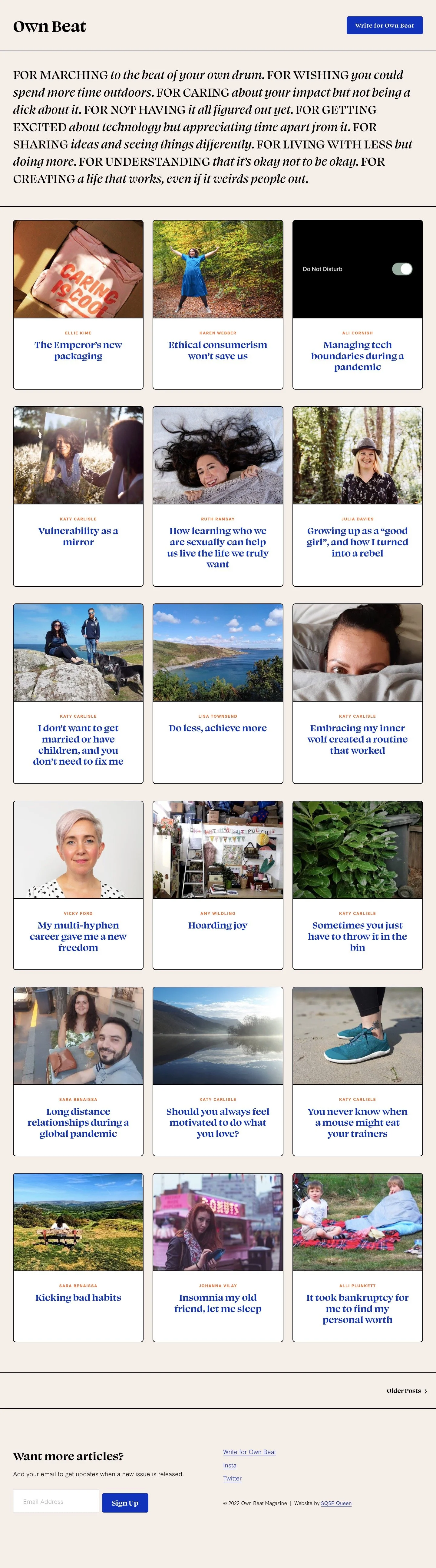 A webpage with an article titled "Own Beat" and images of various women accompanied by article titles and authors, arranged in a grid layout.