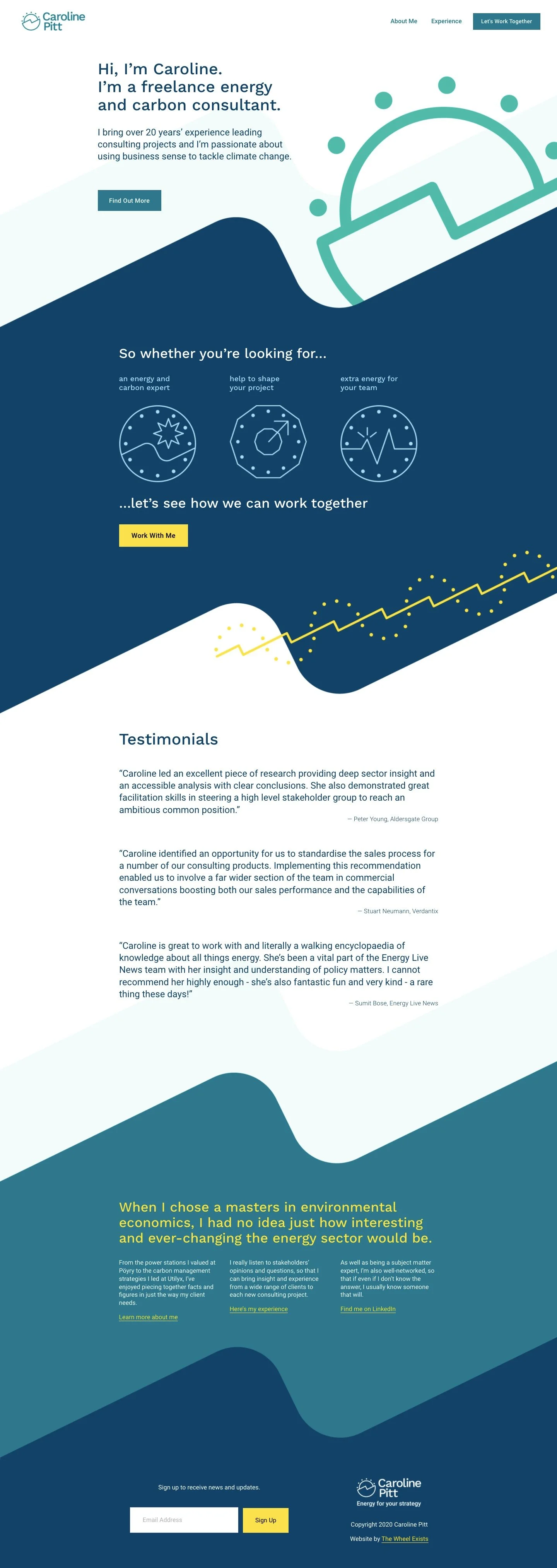Website homepage of Caroline Pitt, a freelance energy and carbon consultant, featuring a header with her name and logo, introductory text about her experience, icons representing her services, testimonials from clients, a section about her background, and a sign-up form for updates.