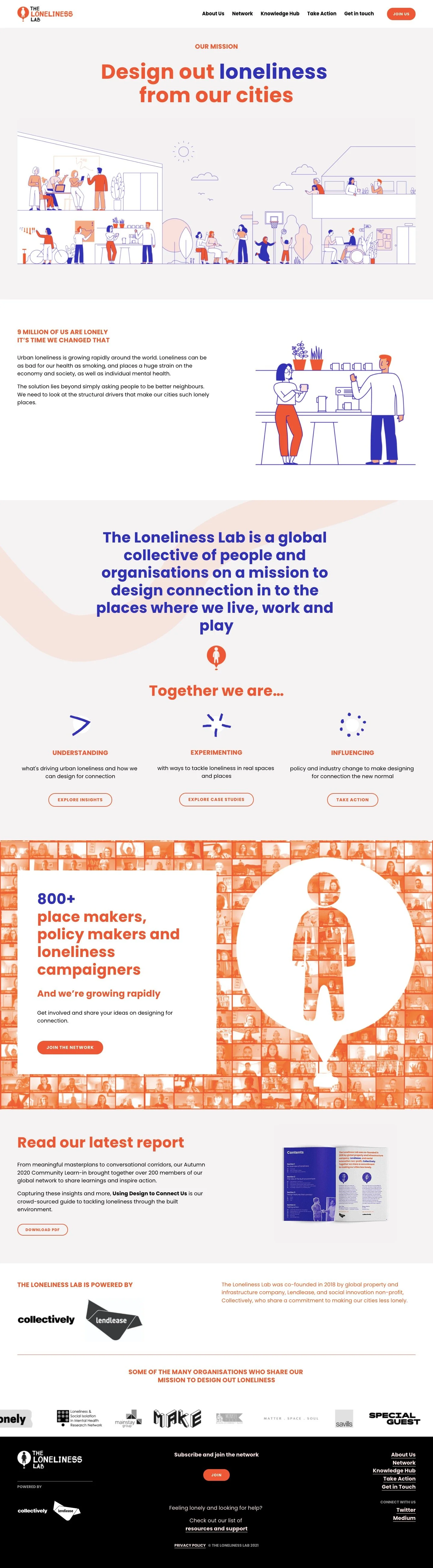 Website homepage of The Loneliness Lab featuring illustrations of people interacting in urban and community settings, with sections about loneliness, connection, and a call to join a network of place makers, policy makers, and loneliness campaigners.