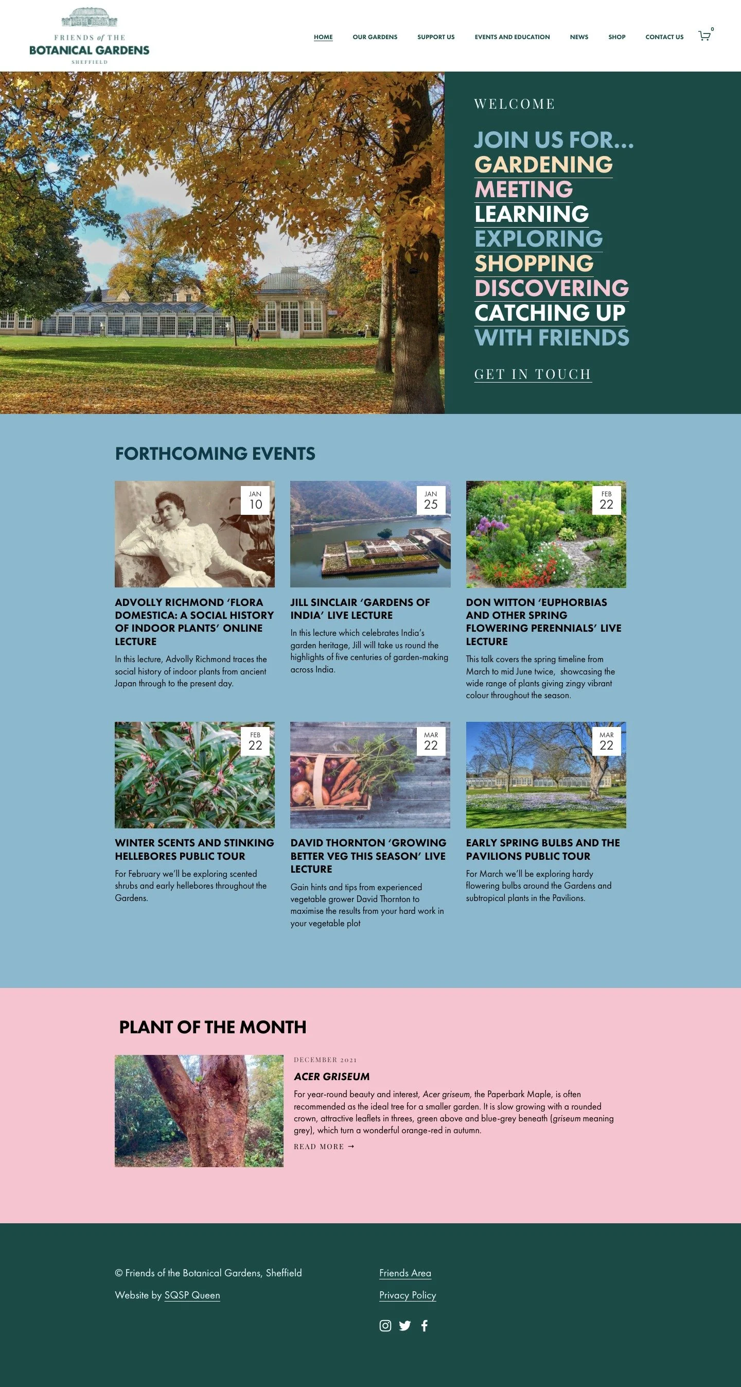 Website homepage of Friends of the Botanical Gardens in Sheffield, featuring a large image of a park with trees and a greenhouse, and sections with upcoming events and a plant of the month, Acer griseum.